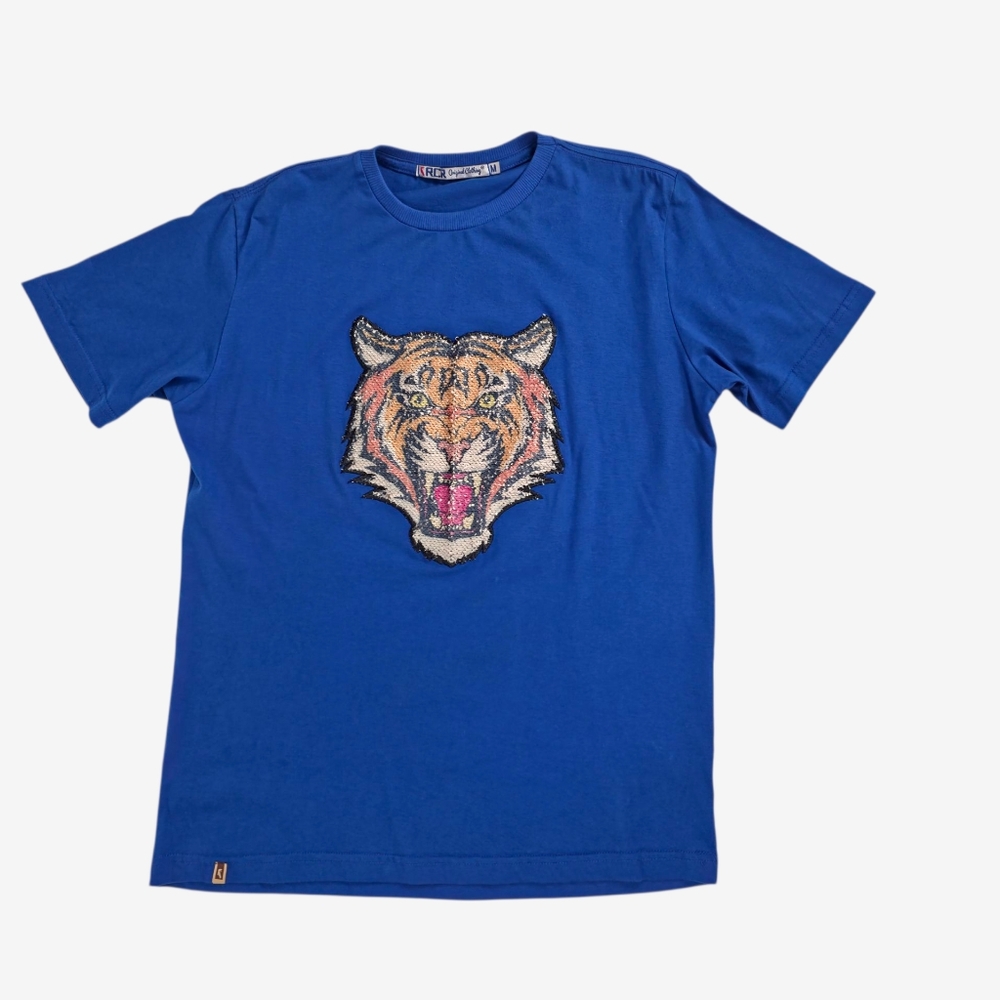 RCR Flip Sequin Tiger T-Shirt M Medium Short Sleeve Graphic Tee Blue Mens/Unisex